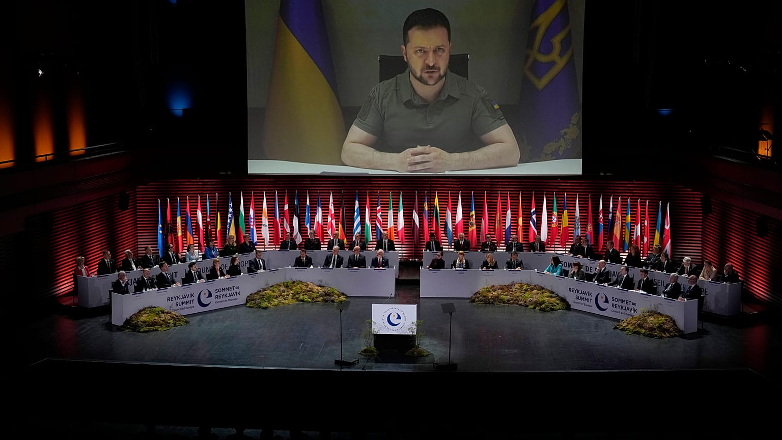 Ukraine's President Volodymyr Zelenskyy addresses, via videolink, the opening ceremony of the Council of Europe summit in Reykjavik, Iceland, May 16, 2023.
