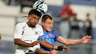 Fiji's Thomas Dunn, left, and Slovakia's Mate Szolgai, go for a header during a FIFA U-20 World Cup in San Juan, Argentina, May 20, 2023