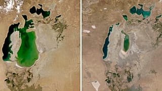 تظهر هذه الصور التي قدمها مرصد الأرض التابع لناسا أن بحر آرال مرئي في 25 أغسطس 2000، على اليسار، وفي 21 أغسطس 2018 بين كازاخستان وأوزبكستان.