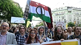 Students march from the Parliament building towards the Oktogon square during a demonstration in Budapest, Hungary, Friday, May 19, 2023.