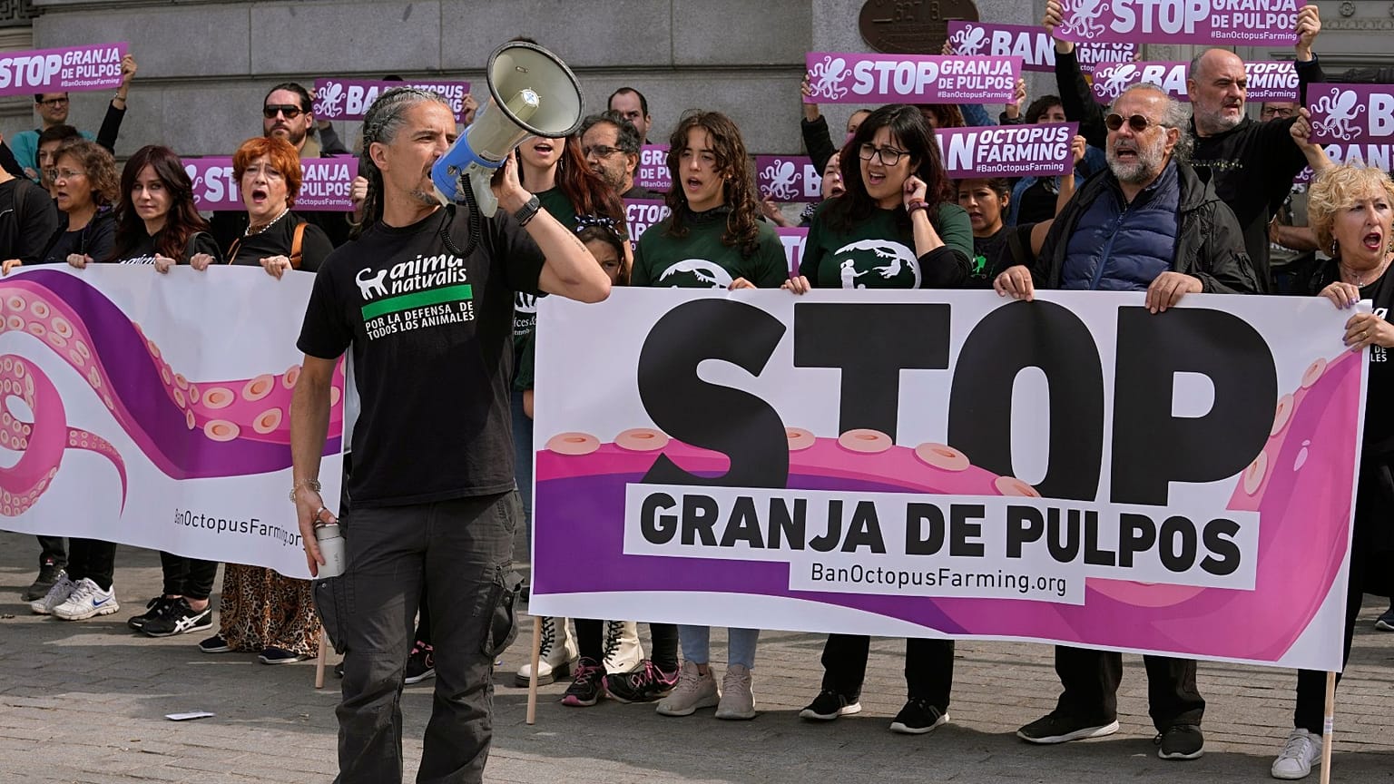 Manifestantes defensores de los derechos de los animales se concentraron el domingo delante del ministerio de Agricultura de Madrid