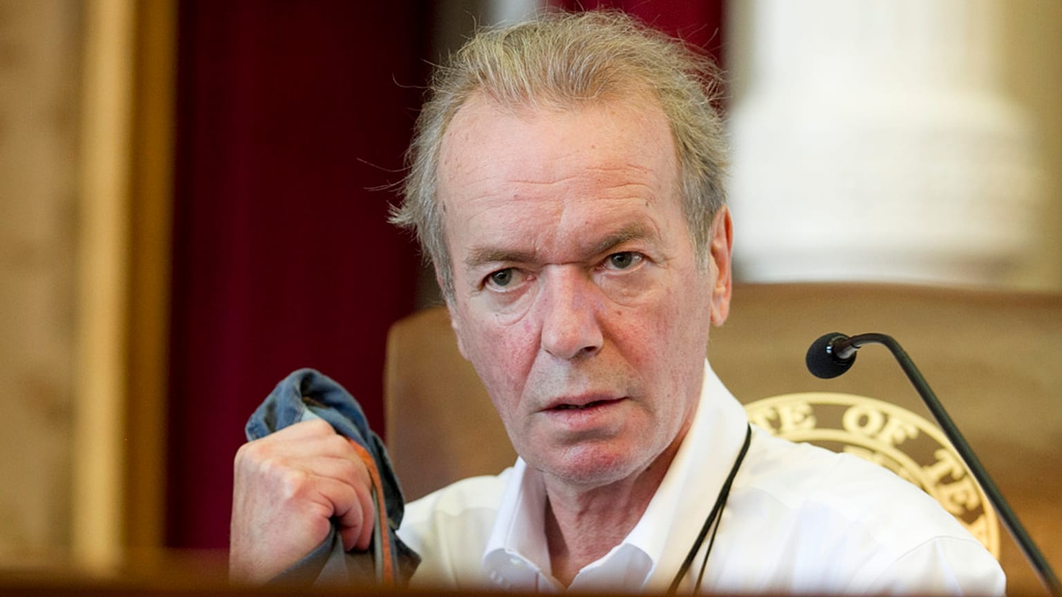 Author Martin Amis prepares to address the Texas Book Festival on Saturday, Oct. 25, 2014.