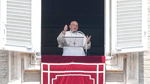 Pope Francis delivers the Regina Coeli noon prayer in St. Peter's Square at the Vatican, Sunday, May 21, 2023.