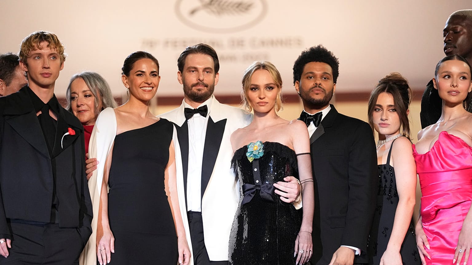 Troye Sivan producer Ashley Levinson, director Sam Levinson, Lily-Rose Depp, Abel Tesfaye, Rachel Sennott, and Sophie Mudd, Cannes Film Festival, 22 May 2023