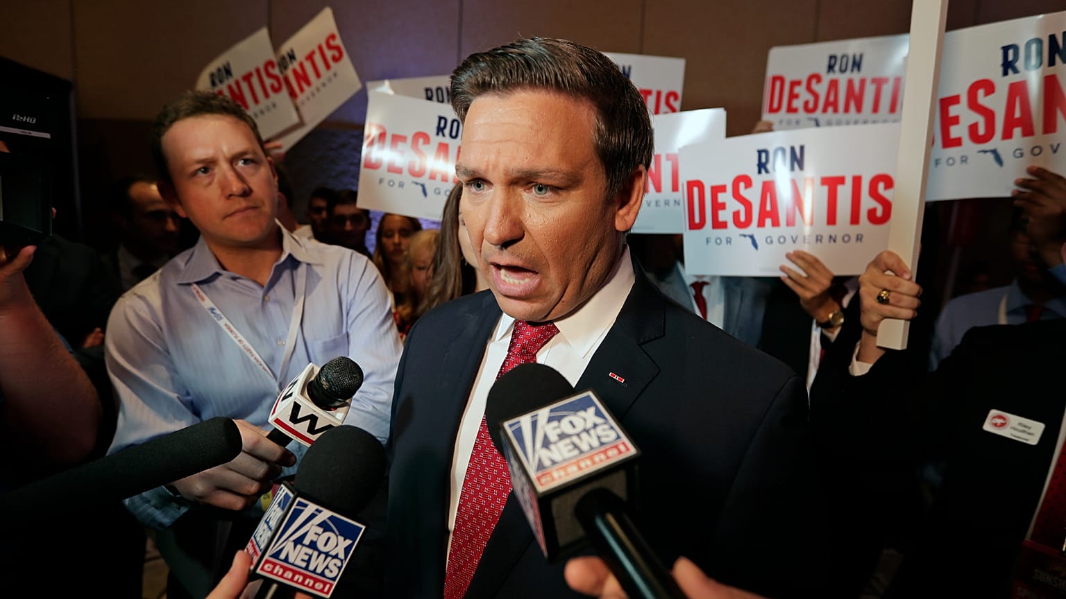 Ron DeSantis speaking to reporters in Florida
