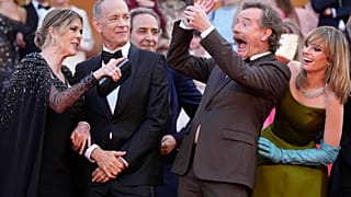 Rita Wilson, from left, Tom Hanks, composer Alexandre Desplat, Bryan Cranston and Maya Hawke at the premiere of the film 'Asteroid City', Cannes Film Festival, 23 May 2023