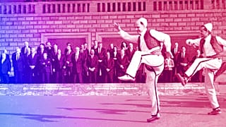 European Union and Western Balkan leaders watch a traditional dance performance during the EU-Western Balkans Summit, in Tirana, 6 December 2022