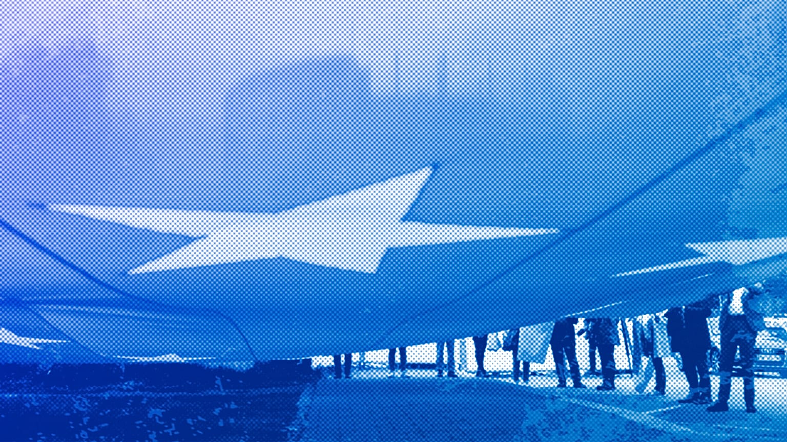 A large European flag is set up in front of the European Parliament, May 2023