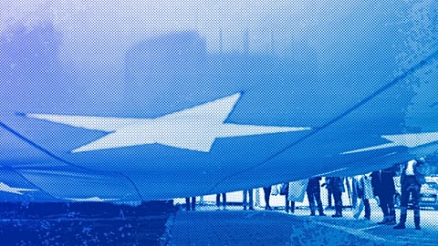 A large European flag is set up in front of the European Parliament, May 2023