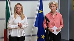Italian Premier Girogia Meloni, left, and the EU's Commission President Ursula von der Leyen met the media after visiting areas devastated by the floods