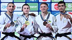 Le podium des -60kg lors du Grand Prix de Linz, en Autriche, le 25 mai 2023.