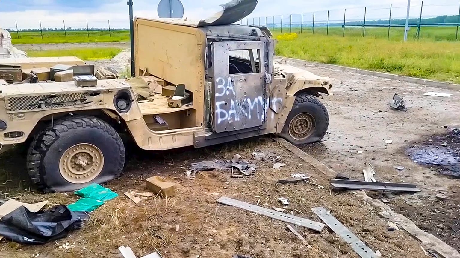 A damaged armored military vehicle is seen after fighting in Russia's western Belgorod region on Tuesday, May 23, 2023.