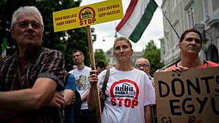 Residents in Debrecen, Hungary, protest against a Chinese EV battery factory. 