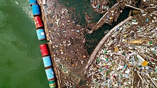 Plastic garbage clog the Drina river near the eastern Bosnian town of Visegrad, Bosnia, May 25, 2023. 