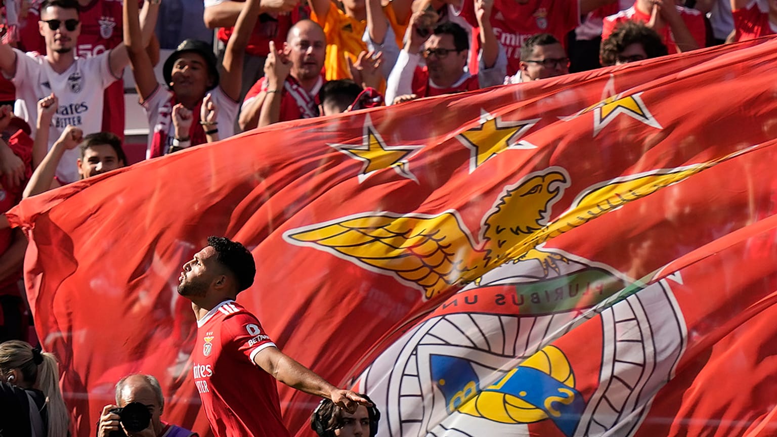 Benfica's Goncalo Ramos celebrates after scoring the opening goal during the Portuguese League last round soccer match between Benfica and Santa Clara at the Luz stadium.