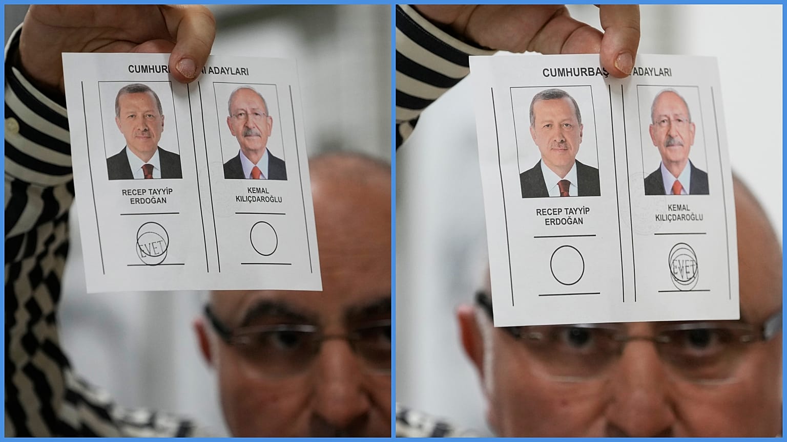 Leadott szavazólapok egy szavazatszámláló kezében