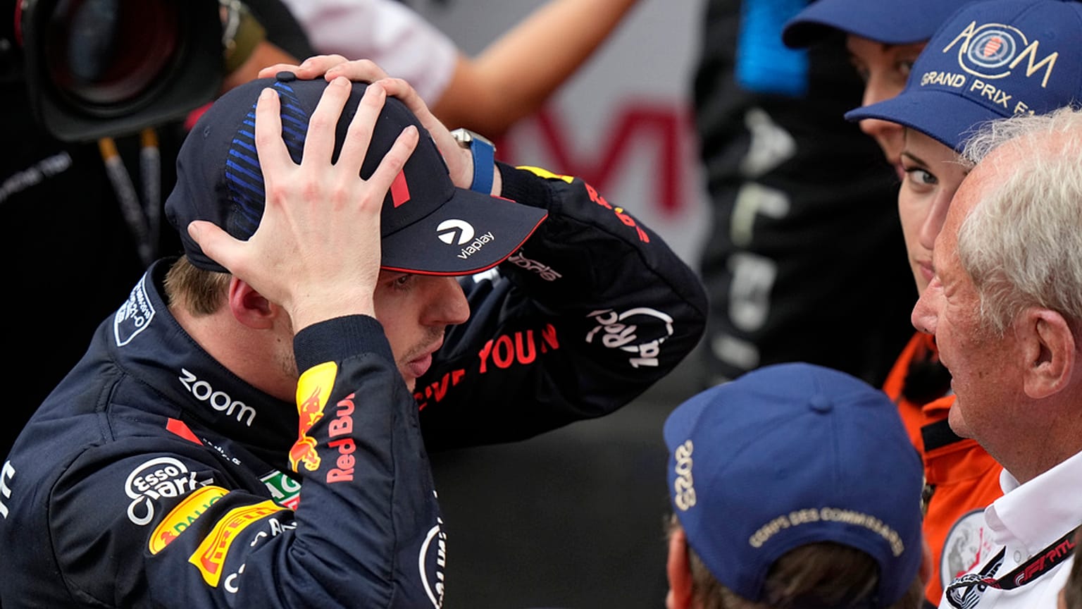 Red Bull driver Max Verstappen of the Netherlands celebrates after winning the Monaco Formula One Grand Prix, at the Monaco racetrack, in Monaco, Sunday, May 28, 2023.