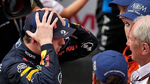 Red Bull driver Max Verstappen of the Netherlands celebrates after winning the Monaco Formula One Grand Prix, at the Monaco racetrack, in Monaco, Sunday, May 28, 2023.