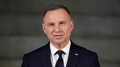 Polish President Andrzej Duda delivers his speech during the Flame of Peace handover ceremony for the European Games Kraków-Małopolska 2023 in Rome Monday, April 3, 2023