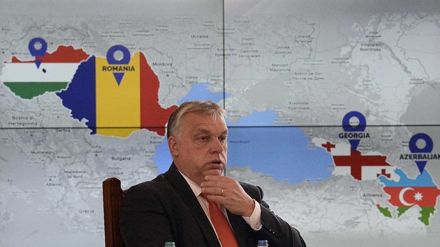 Hungarian Prime Minister Viktor Orban is backdropped by a screen showing the countries that signed a strategic energy partnership, Saturday, Dec. 17, 2022.