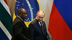 South Africa's President Cyril Ramaphosa and Russia's President Vladimir Putin arriving at a BRICS even in Brazil. 14 November 2019