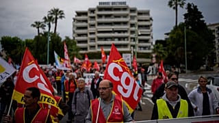 French union members protest against the pension reform during the 76th edition of the Cannes Film Festival in Cannes, Sunday, May 21, 2023.