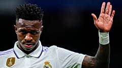 Real Madrid's Vinicius Junior gestures during Spanish La Liga soccer match between Real Madrid and Celta Vigo at the Santiago Bernabeu stadium.