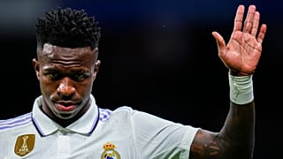Real Madrid's Vinicius Junior gestures during Spanish La Liga soccer match between Real Madrid and Celta Vigo at the Santiago Bernabeu stadium.