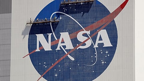 The NASA logo near the top of the Vehicle Assembly Building at the Kennedy Space Center 