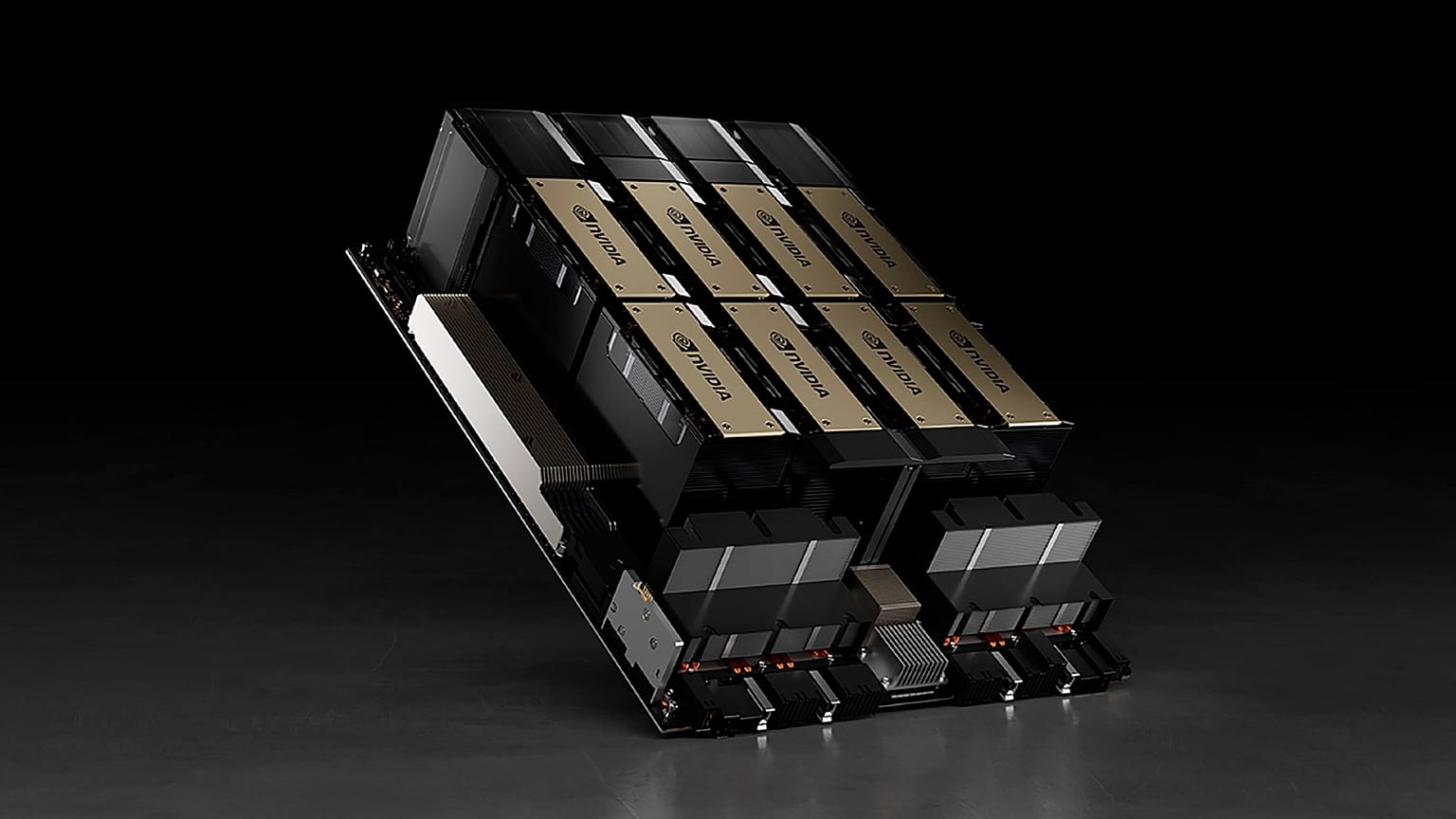 This photo provided by the chipmaker Nvidia shows the company’s HGX H100 module, which can use as many as eight AI chips to train AI systems and perform other tasks.