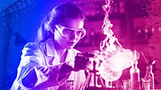 An illustration of a woman scientist working on an experiment in a laboratory