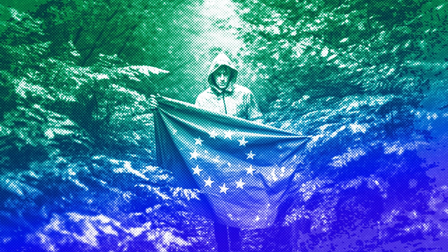 An illustration of a man carrying the European flag through a forest