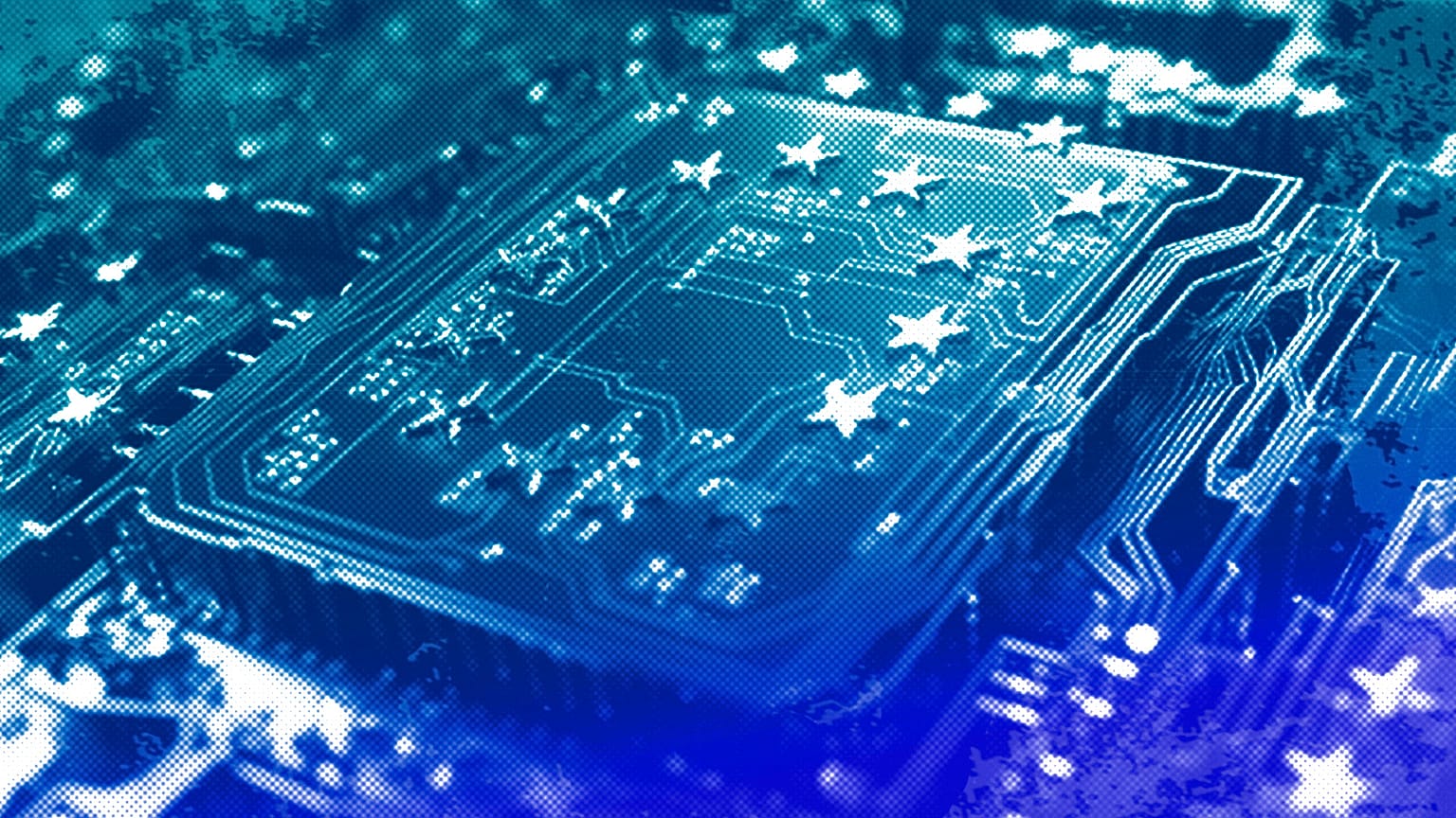An illustration of a European flag made out of microchips