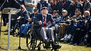 World War II veteran Britain's Bill Gladden attends a ceremony outside the Pegasus Bridge memorial in Benouville, Normandy, on 5 June 2023.