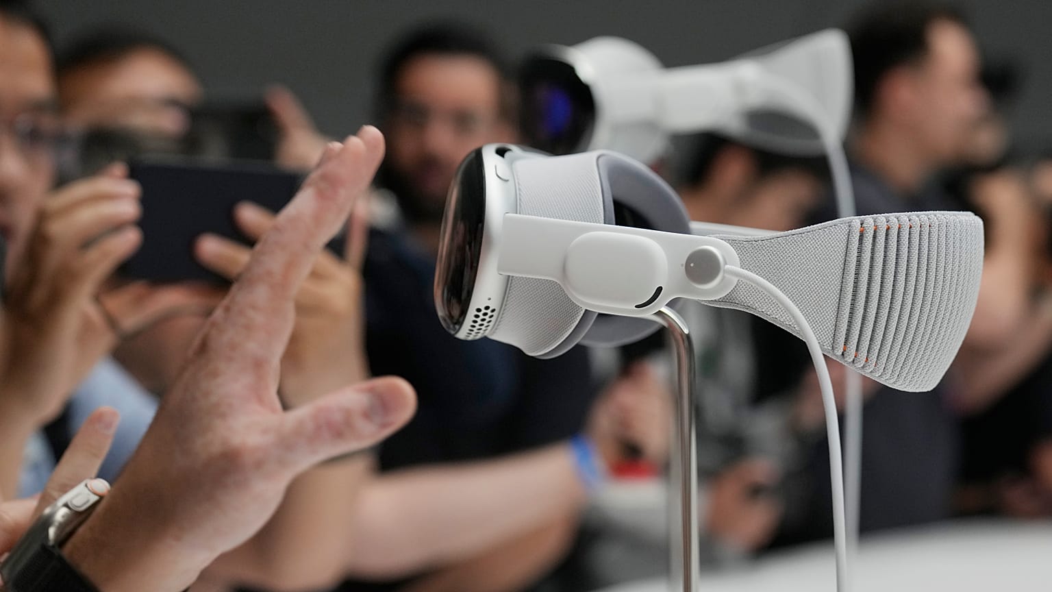 The Apple Vision Pro headset is displayed in a showroom on the Apple campus in Cupertino, Calif., at the company's annual developers conference, Monday, June 5, 2023. 