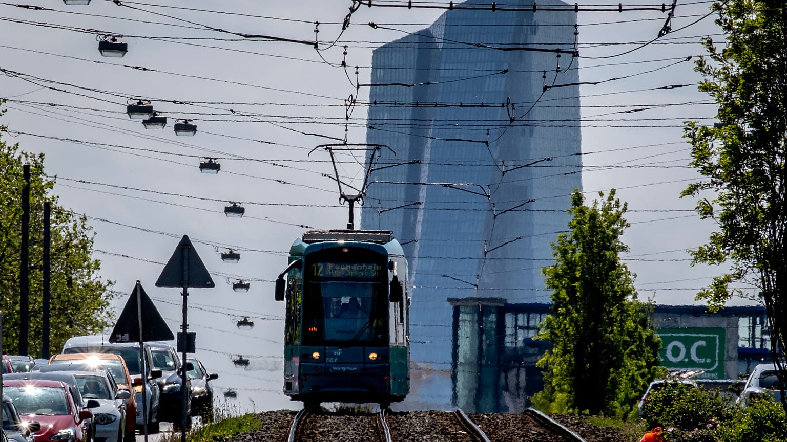 A tram drives away from the European Central Bank in Frankfurt, Germany, May 17, 2023. 