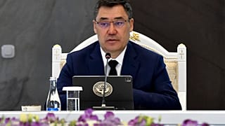 FILE: Kyrgyzstan's President Sadyr Japarov speaks to President of the European Council Charles Michel during their talks in Cholpon-Ata, Kyrgyzstan, 3 June 2023
