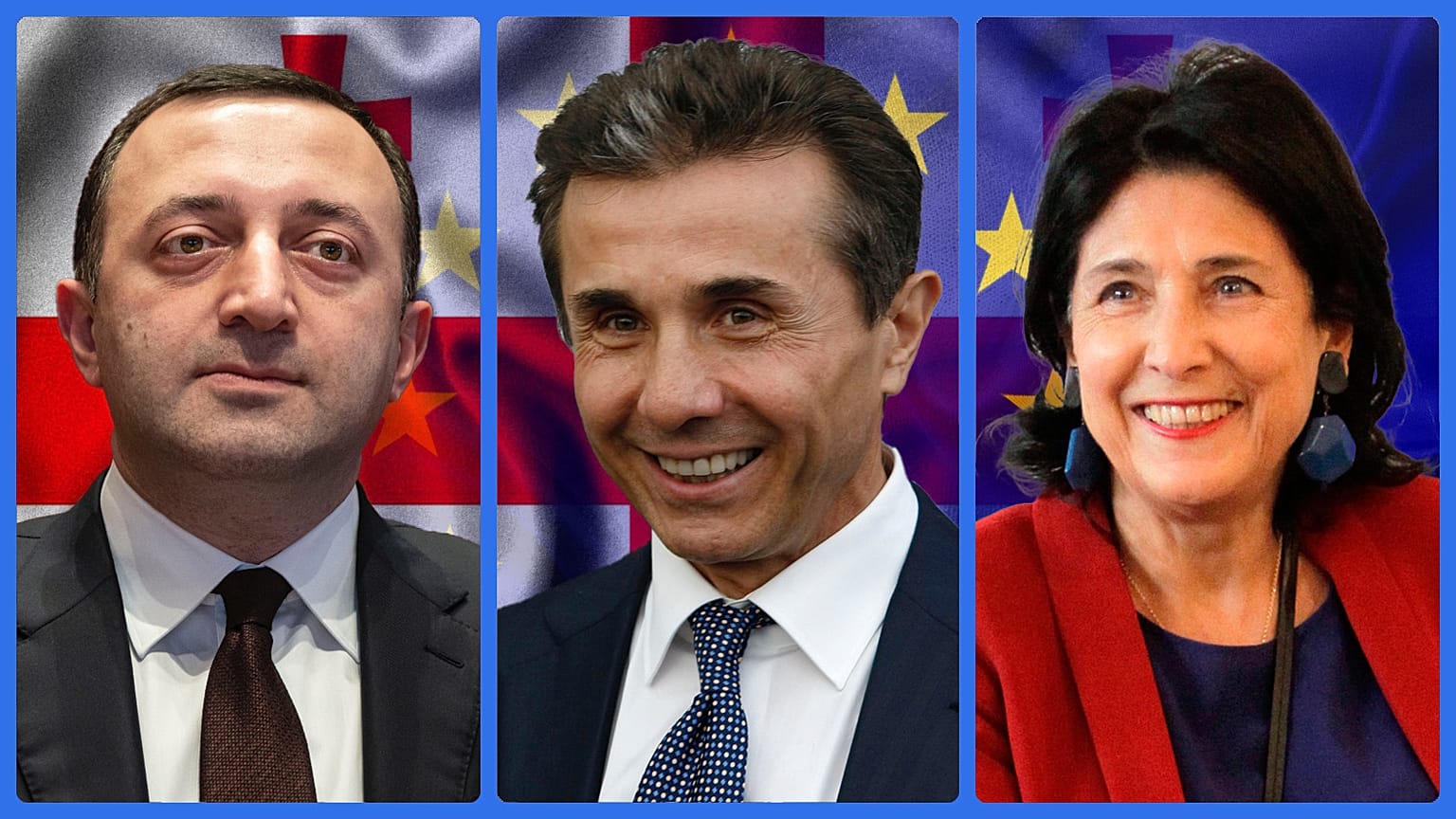 Irakli Garibasvili miniszterelnök, Bidzina Ivanisvili üzletember, a Grúz Álom alapítója és •	Szalome Zurabisvili államfő