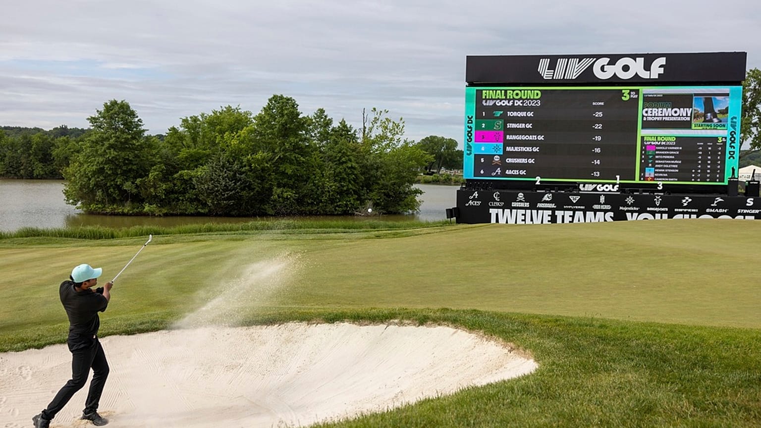 Sebastián Muñoz of Torque GC hits his shot from a bunker on the 18th hole during the final round of LIV Golf DC at the Trump National Golf Club Washington DC.