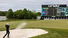 Sebastián Muñoz of Torque GC hits his shot from a bunker on the 18th hole during the final round of LIV Golf DC at the Trump National Golf Club Washington DC.