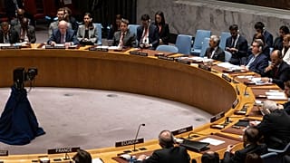 L'ambassadeur russe à l'ONU, Vassily Nebenzia, deuxième en partant du haut à gauche, s'exprime lors d'une réunion du Conseil de sécurité au siège de l'ONU, mardi 6 juin 2023.
