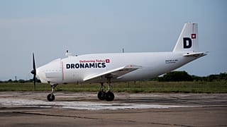 Image shows 'Black swan', the first full-sized cargo drone prototype from Bulgarian company, Dronamics.