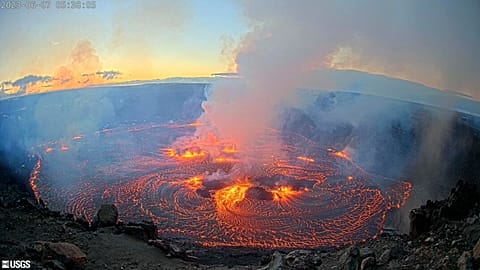An eruption taking place on the summit of the Kilauea volcano in Hawaii. 