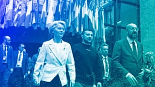 Ukraine's President Volodymyr Zelenskyy and EU leaders Ursula von der Leyen and Charles Michel in Brussels, 9 February 2023