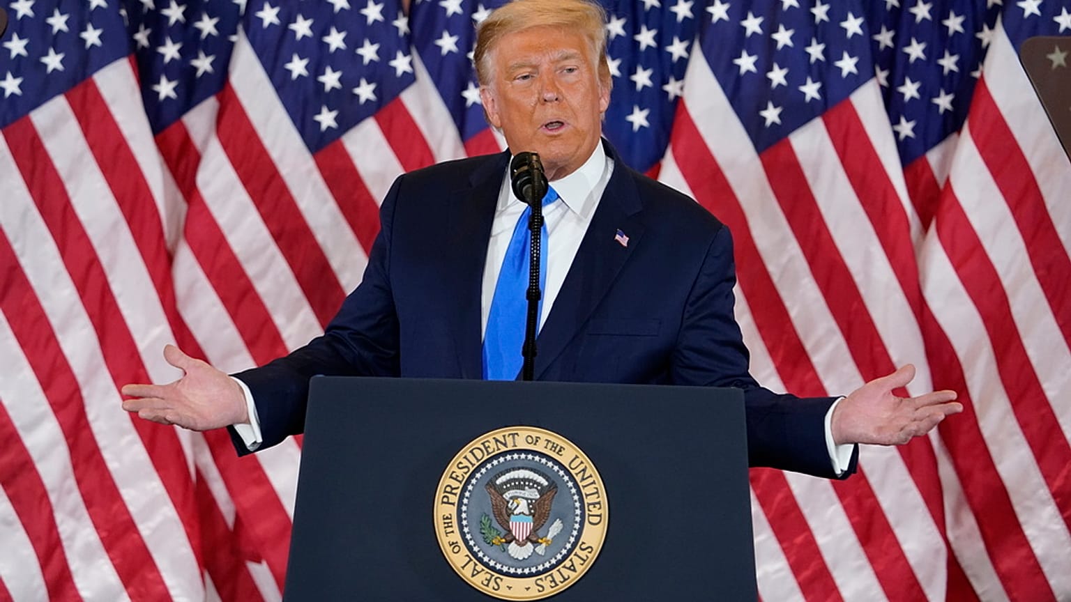 President Donald Trump speaks in the East Room of the White House, early Nov. 4, 2020, in Washington.