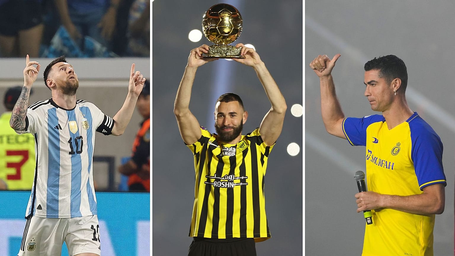 من اليمن إلى اليسار كريستيانو رونالدو، كريم بنزيمة، ليونيل ميسي