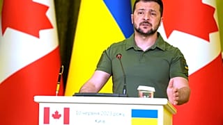 Ukrainian President Volodymyr Zelenskyy speaks at press conference with Canada'sJustin Trudeau