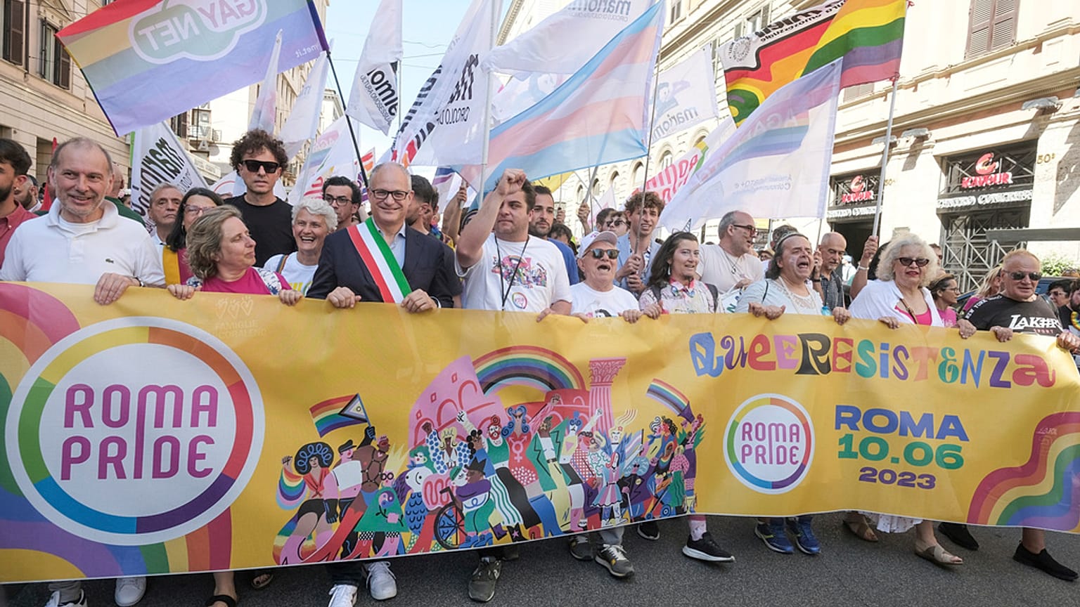 Rome Mayor Roberto Gualtieri, wearing the three colour band of the Italian flag, joins the LGBTQ+ Pride parade in Rome, Saturday, June 10, 2023. 