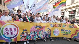 Rome Mayor Roberto Gualtieri, wearing the three colour band of the Italian flag, joins the LGBTQ+ Pride parade in Rome, Saturday, June 10, 2023.