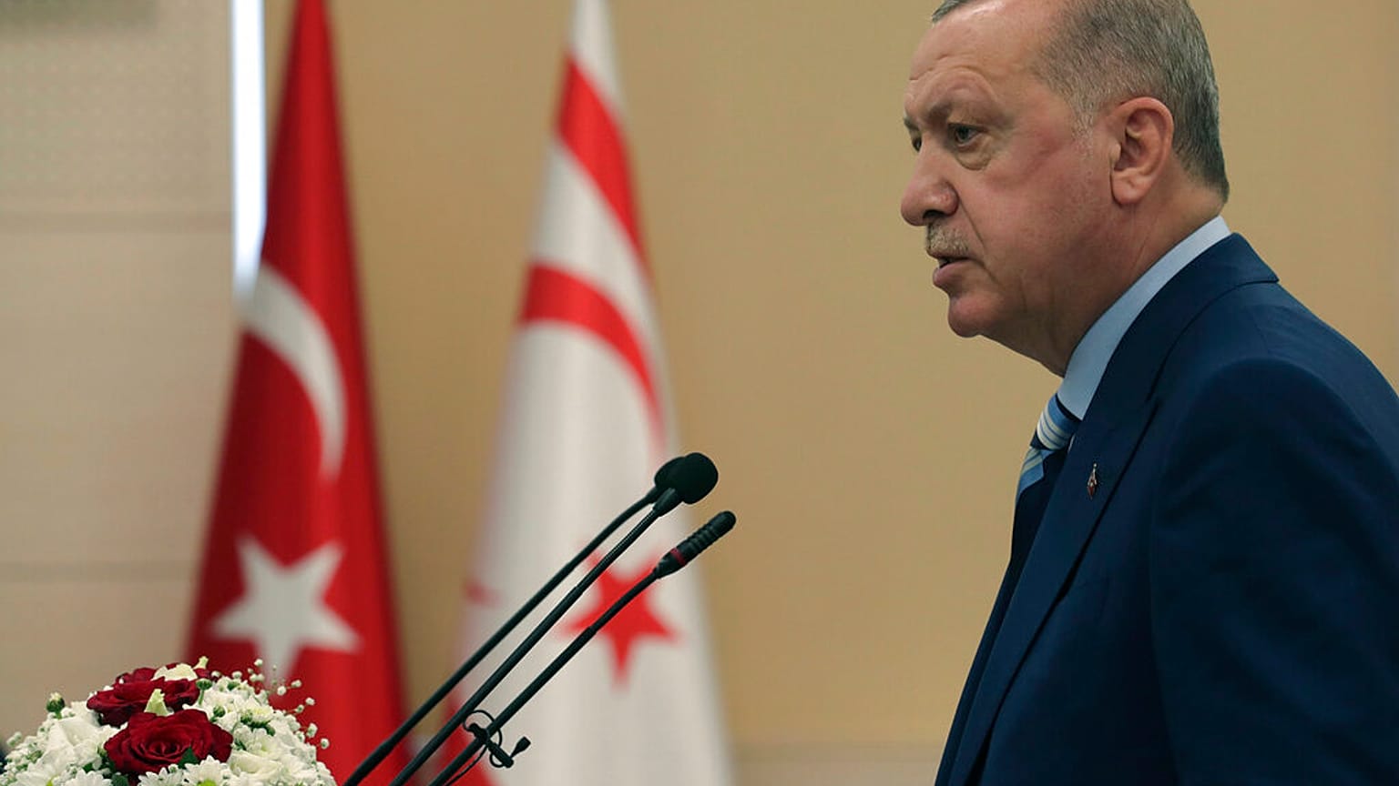 Turkey's President Recep Tayyip Erdogan addresses the Turkish Cypriot Parliament, in Nicosia, Cyprus, on July 19, 2021.